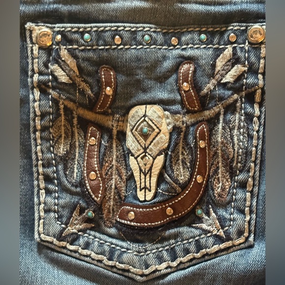 Miss Me Western Mid Rise Flare Jeans Longhorn Horseshoe Turquoise Size 36 - Picture 8 of 13